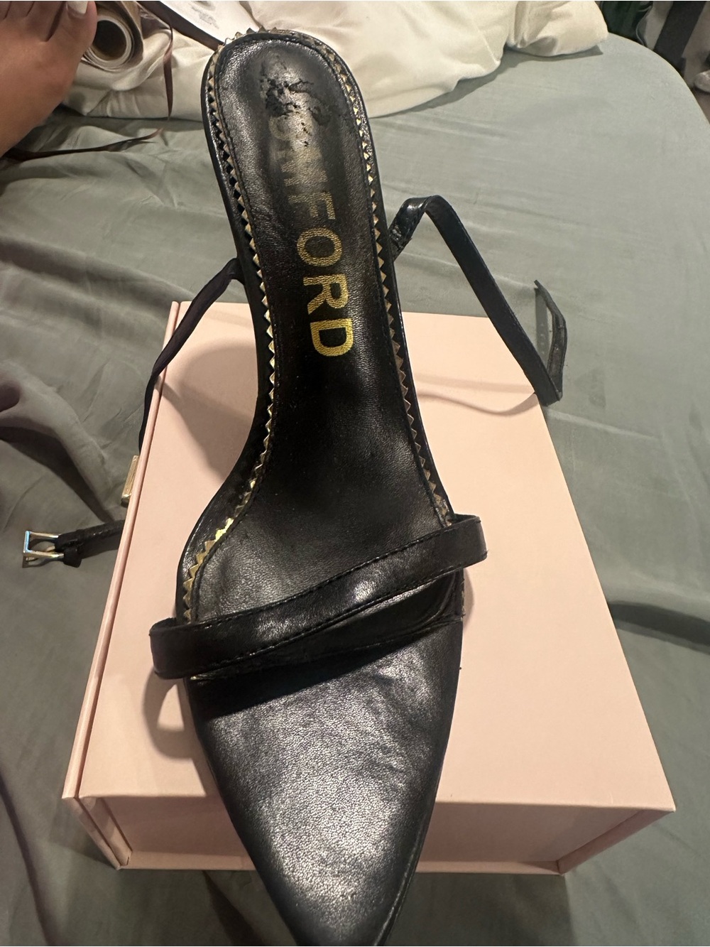 Tom Ford Black Leather Pointed Toe Ankle-Strap Heel